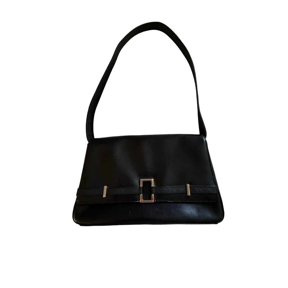 Liz Claiborne Black Shoulder Bag Faux Leather Flap Purse Silver Hardware Classic
